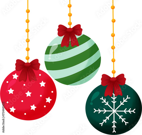 Colorful Christmas Ornaments with Ribbons Festive Hanging Baubles Clipart