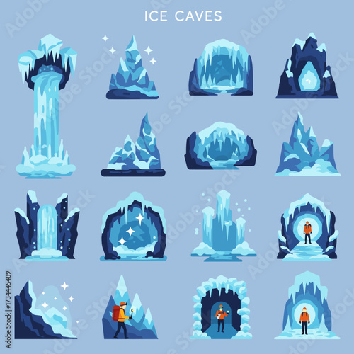 Collection of sixteen flatstyle illustrations depicting various ice caves and glacial formations