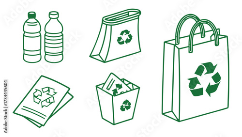 Recycle symbol with bags, bottles and papers,  Green outline recycling icons, Plastic bottles, paper, bags,