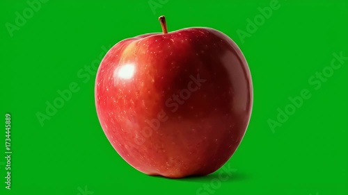 Bright Red Apple with Subtle Yellow Highlights and Stem on a Vibrant Green Background, Close-up