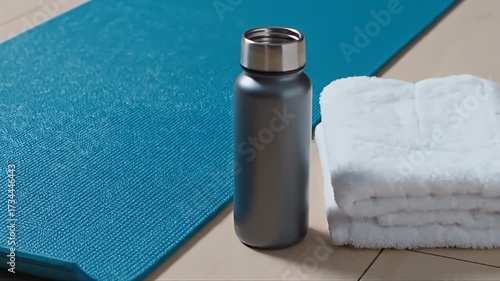 Top view of blue yoga mat with water bottle and folded towel on wooden floor