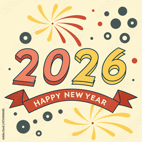 Happy New Year 2026 with 3D effect text, fireworks and moons Keywords: happy new year, 2026, greeting, fireworks, moons, celebration, new year