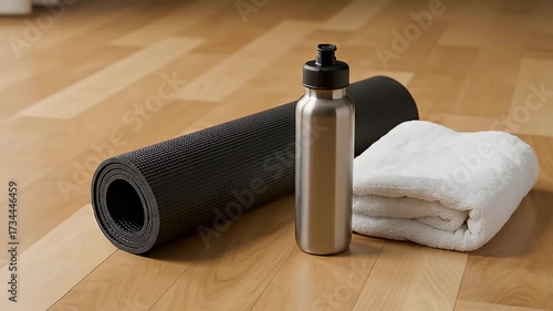 Fitness essentials: Rolled yoga mat, reusable metal water bottle, and fluffy white towel on wooden