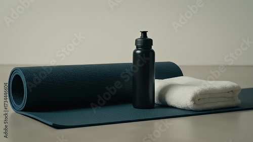 Rolled Yoga Mat, Water Bottle, and Towel Ready for a Fitness Session, Studio Lighting