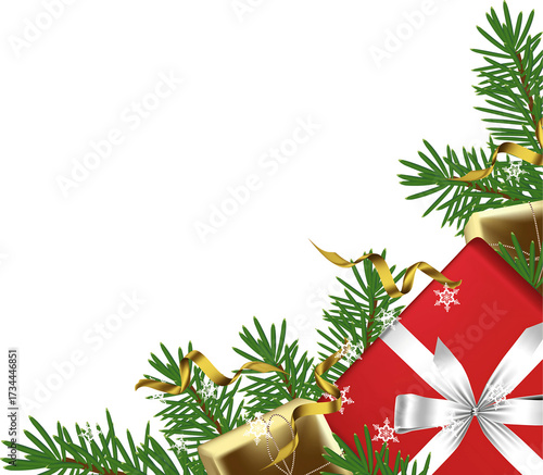 Christmas Gift Border with Pine Branches, Gold Ribbons, and Snowflakes on Transparent Background