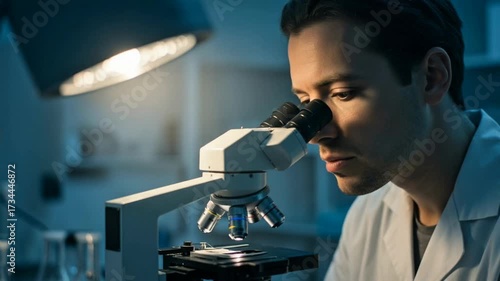 Scientist intently examines sample through microscope in laboratory setting for research and analysis, highlighting precision and dedication.