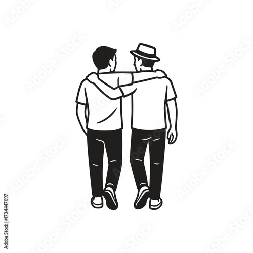 simple black and white vector illustration of two best friends walking together and side-hugging each other