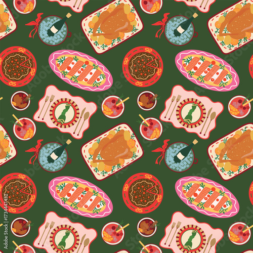 Christmas dinner vector seamless pattern. Holiday delicious food repeat design. Roasted turkey, cake dessert, cocktail drinks, salmon, champagne on dark green background. Festive meal illustration 