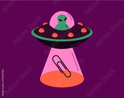 Isometric halloween office illustration with alien in flying saucer and paperclip. Halloween alien in flying saucer office humor illustration. Halloween ufo office illustration isometric vector. 