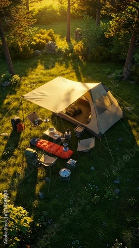 Serene camping adventure in the forest at sunrise featuring tent, gear, and peaceful natural surroundings