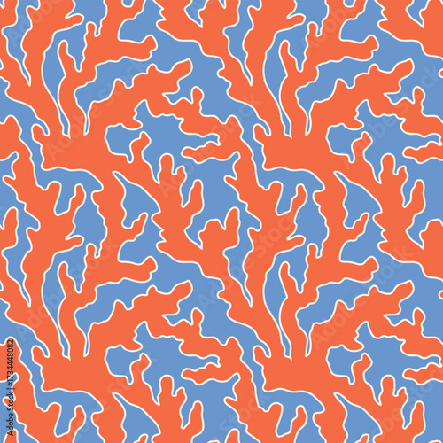 Modern abstract vector seamless pattern. Intricate wavy red coral branch shapes on blue background. Bright, bold playful repeat design tile for textile, print. Smooth irregular fluid freeform texture