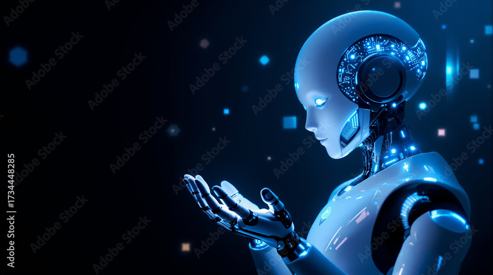 Fototapeta premium Futuristic Humanoid Robot with Glowing Hands in Dark Digital Space