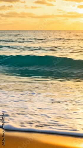 Serene ocean waves gently rolling onto a golden sandy beach during a beautiful sunset, creating a peaceful coastal scene.