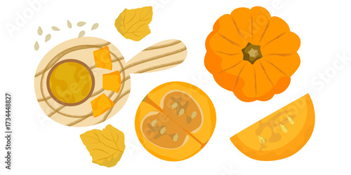  Set of pumpkin slices and pumpkin juice drink natural food colorful vector illustration.