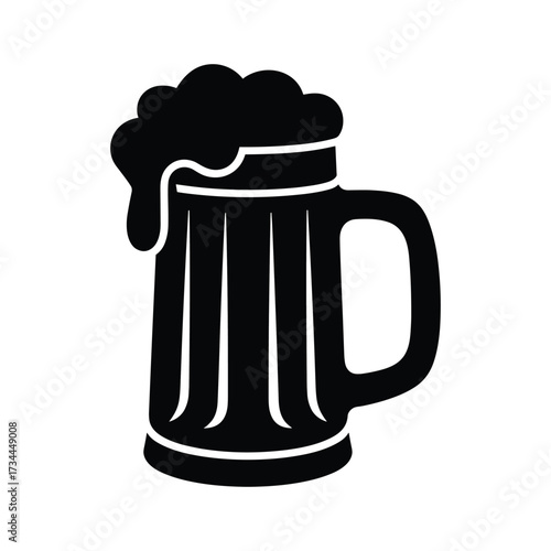 Black silhouette of a beer mug overflowing with foam on white background drink beverage