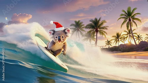 Typical Australian Christmas Scene. Koala in a Santa hat skillfully surfing a wave at sunset beside a tropical island festooned with holiday lights under a vivid sky. Video made using Generative AI.
