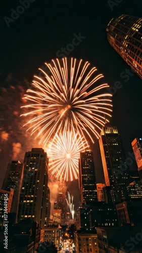 Spectacular fireworks display illuminates the night sky over a vibrant cityscape, creating a stunning visual experience with bright lights.
