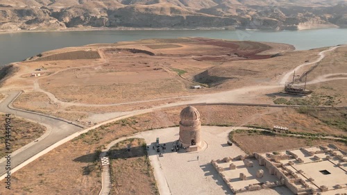 Aerial zoom in view of Zeynel Bey Tomb and surrounding relocated monuments in Hasankeyf, Batman Province, Turkey. Historic 15th-century mausoleum moved to protect from ilisu Dam flooding