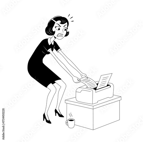 Frustrated Retro Businesswoman Dealing with a Printer Jam