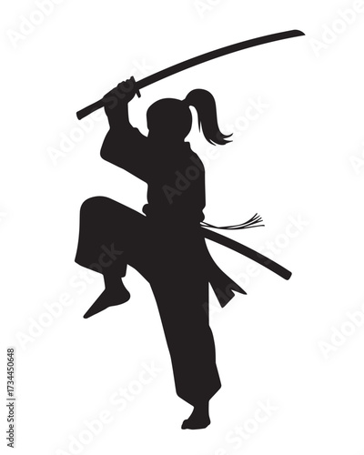 martial arts silhouette with raised katana standing on one leg dramatic japanese sword fighter vector