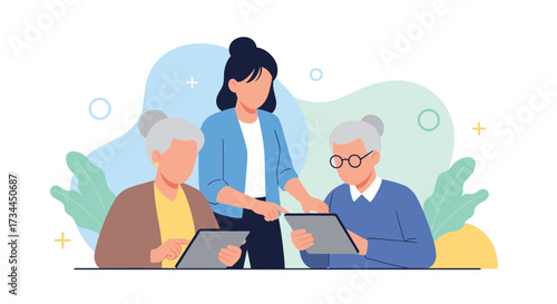 Young woman teaching elderly women how to use tablets.