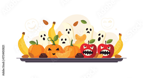 Halloween fruit and vegetable characters with ghosts on a platter.