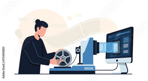 Man Digitizing Old Film Reels with Modern Technology.