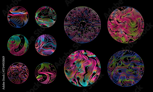 Vector illustration in abstract neon line art style, featuring colorful circular shapes with wavy, fluid gradients—mainly pink, green, blue—on black. Theme: modern, energetic, psychedelic motion.