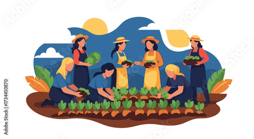 Diverse group of women working together in a vibrant garden planting seedlings under a warm sun.