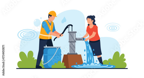 Man and Woman Pumping Water from Well.