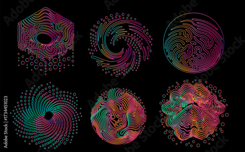 Vector illustration in abstract neon line art style, featuring colorful circular shapes with wavy, fluid gradients—mainly pink, green, orange—on black. Theme: modern, energetic, psychedelic motion.