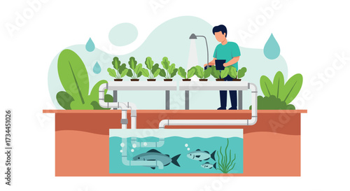 Aquaponics system with person tending plants and fish in tank.