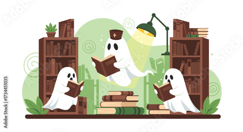 Three cute ghosts reading books in a library.