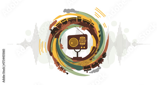 Abstract swirling vortex with vintage radio at center and sound waves.