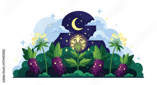 Magical Night Garden with Mystical Roots and Crescent Moon.