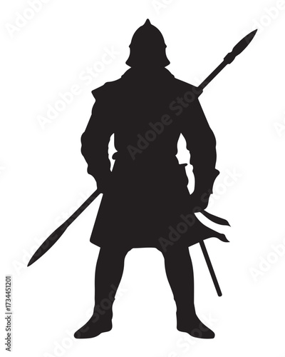 historic knight silhouette with spear and robe bold warrior pose vector illustration for branding