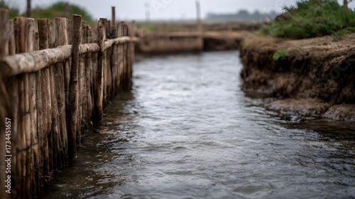Wallpaper Mural A weathered wooden fence runs along the bank of a flowing stream bordered by earthy soil and vegetation in a serene natural setting Torontodigital.ca