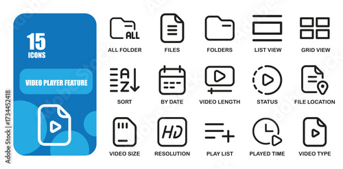 A line style icon set of 15 video player features, including all folder, files, folders, list view, grid view, sort, by date, video length, status, file location, video size, resolution, playlist, pla