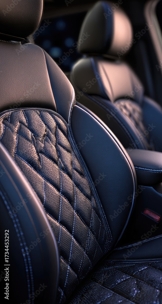 Fototapeta premium Detailed close-up of a luxury, diamond-stitched black leather car seat interior