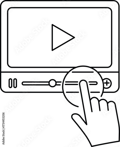 Outline illustration of a hand interacting with a video player interface finger touch screen