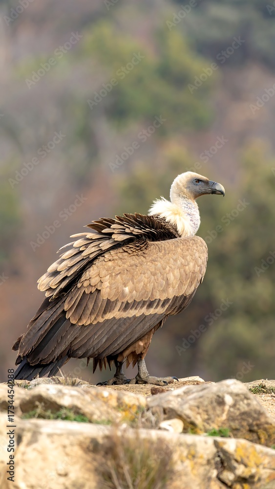 Fototapeta premium Vulture perched on rocks, blurred background
