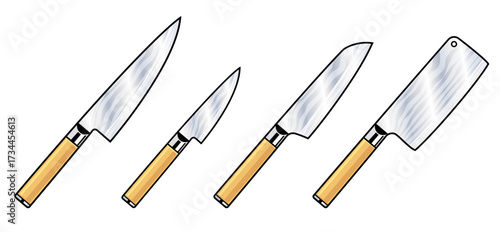 japanese style chef knife damascus steel with wood handle set icon on transparent background vector