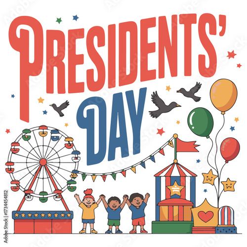 Happy presidents day celebration with festive carnival rides and cheerful children enjoying the holiday fun