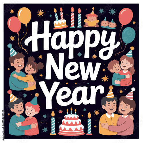 Joyful families and friends celebrating new year s eve with festive decorations and cakes in a starry night sky