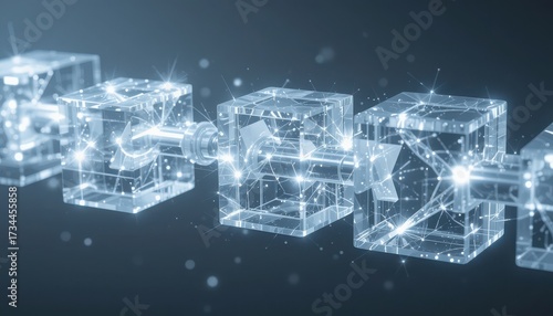 Abstract, glowing geometric blocks chained together, symbolizing the secure, decentralized nature of blockchain and digital currency.