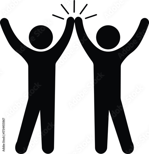 Two black figures giving a high five with radiating lines celebration success