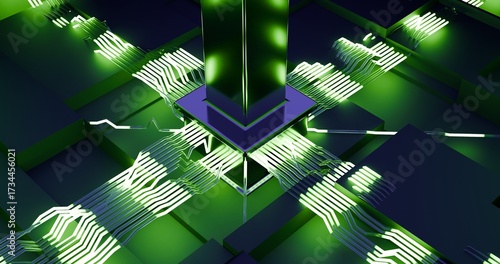 Tableau sur toile Render 3D de um pilar central conectado por trilhas luminosas neon verdes irradiando em quatro direções, sobre módulos escuros