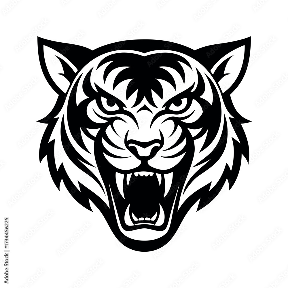 Fototapeta premium Black tiger head roaring with sharp teeth animal fierce
