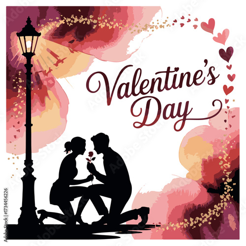 Romantic silhouette of a couple on valentine s day with a man proposing to a woman with a rose