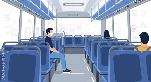 A bus interior showing people wearing masks maintaining social distancing for safety measures
